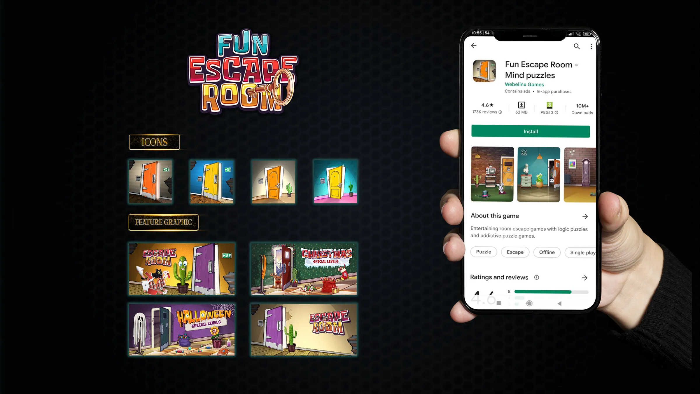 Fun Escape Room - cartoon app icons and feature graphics