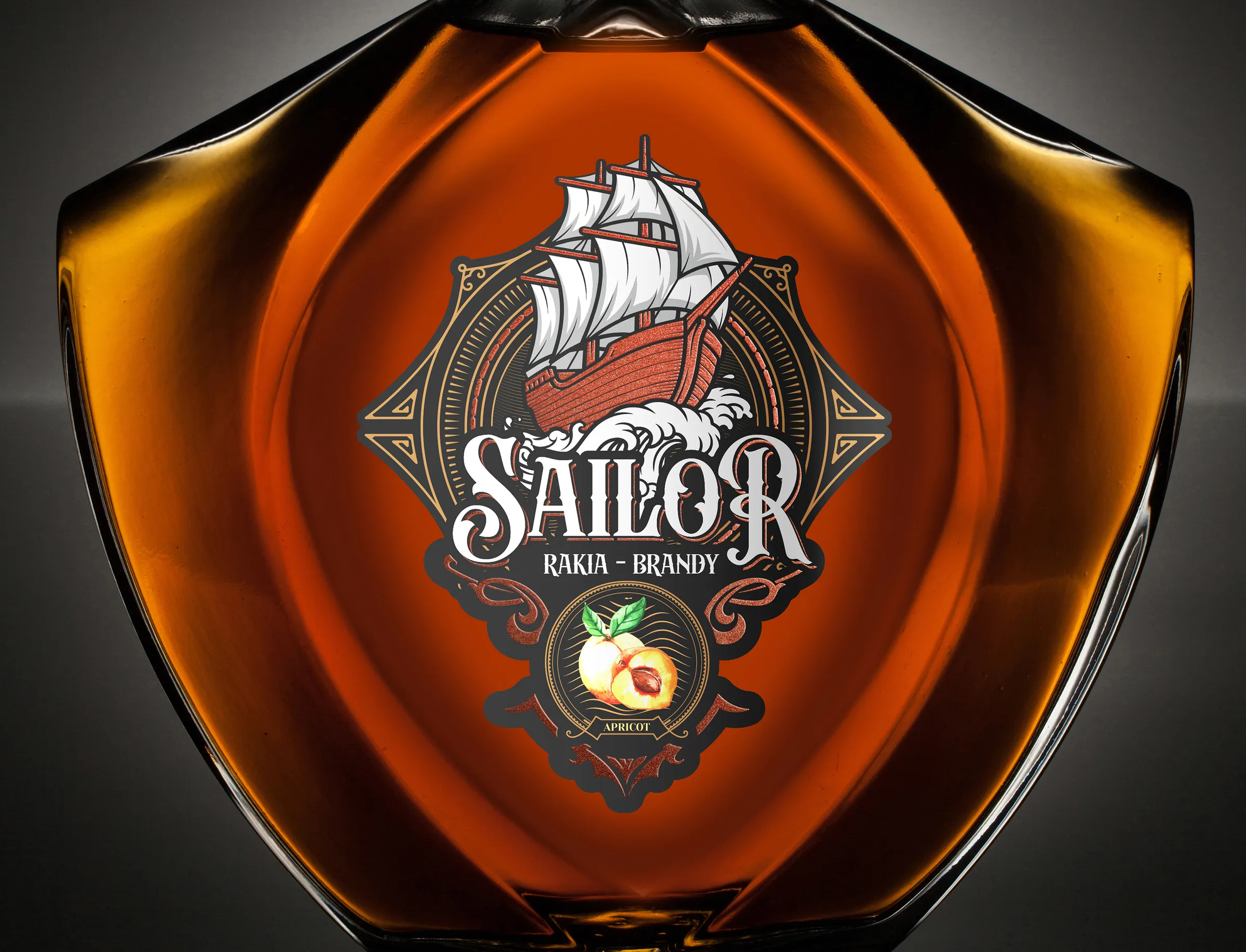 Sailor decanter close-up - sailing ship crest label