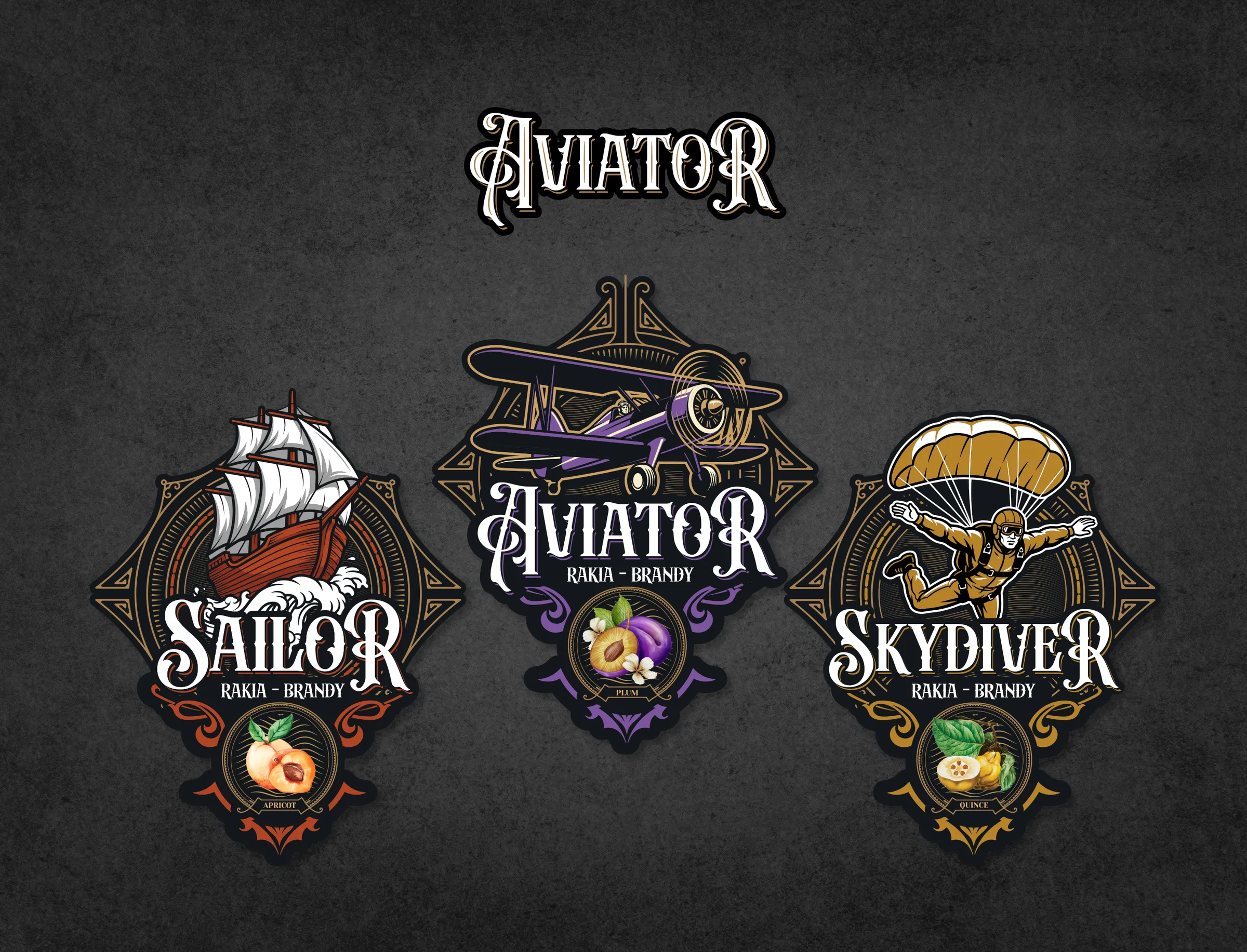 All three crest labels side by side - Sailor, Aviator, Skydiver