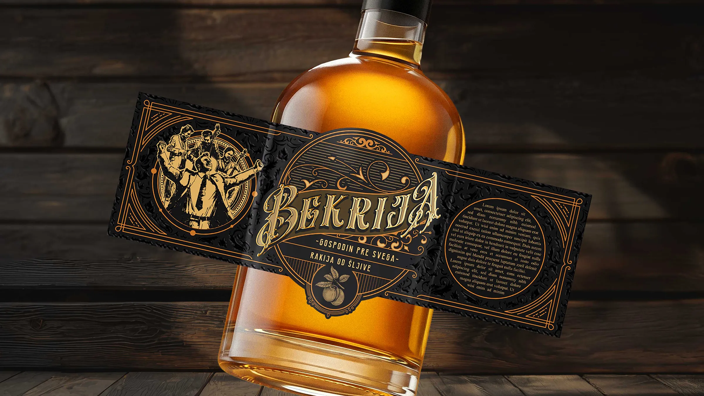 Bekrija plum brandy label - ornate vintage illustration with gold foil aesthetics