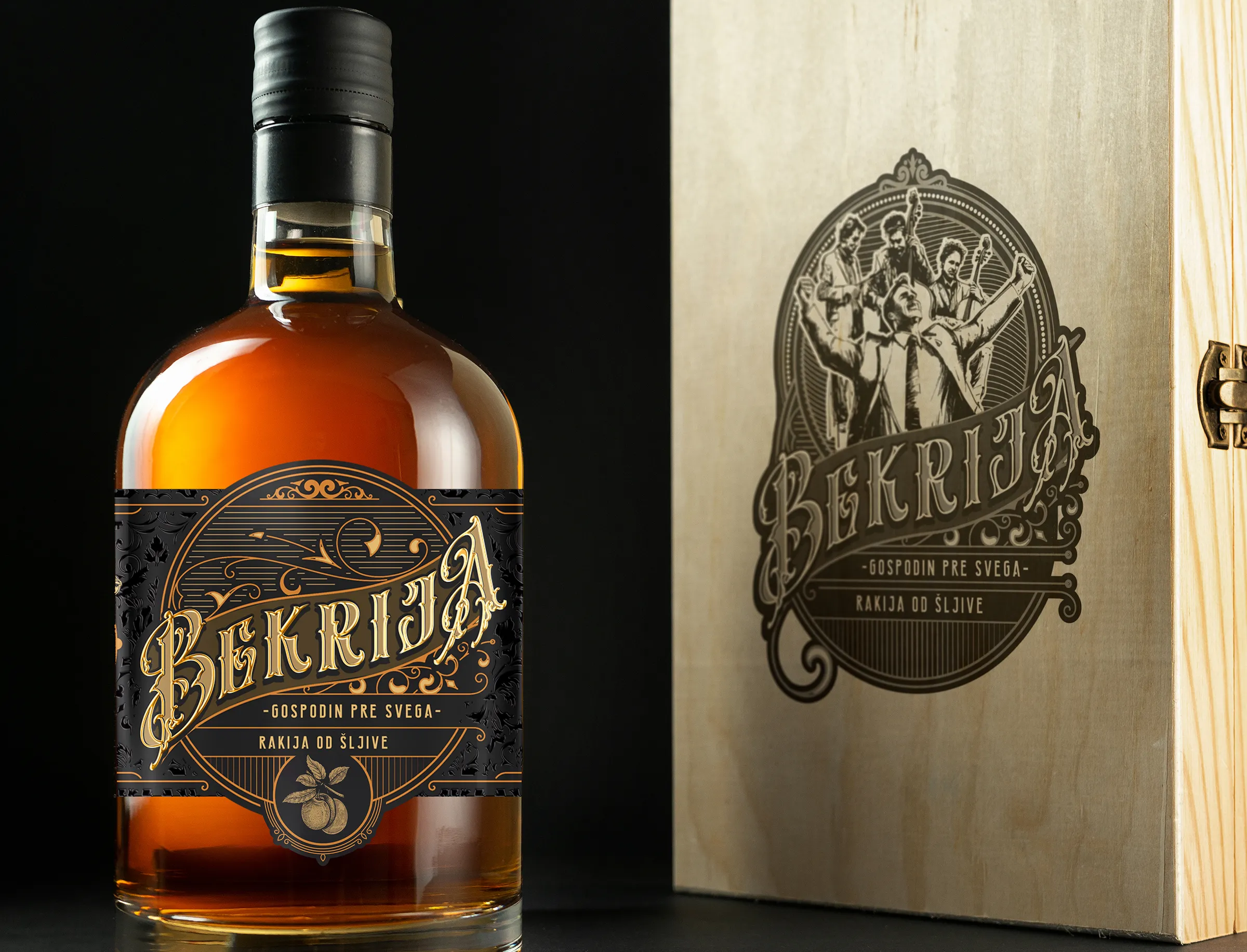 Bekrija plum brandy bottle beside the engraved wooden gift box