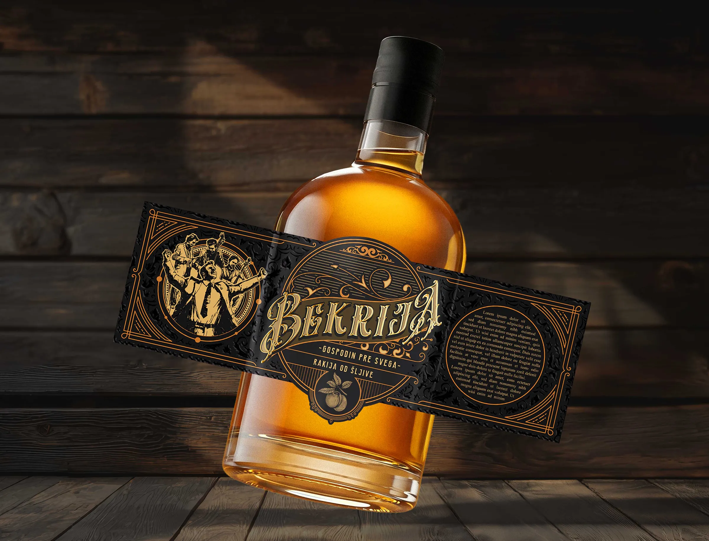 Bekrija bottle lying on wood next to the flat label artwork