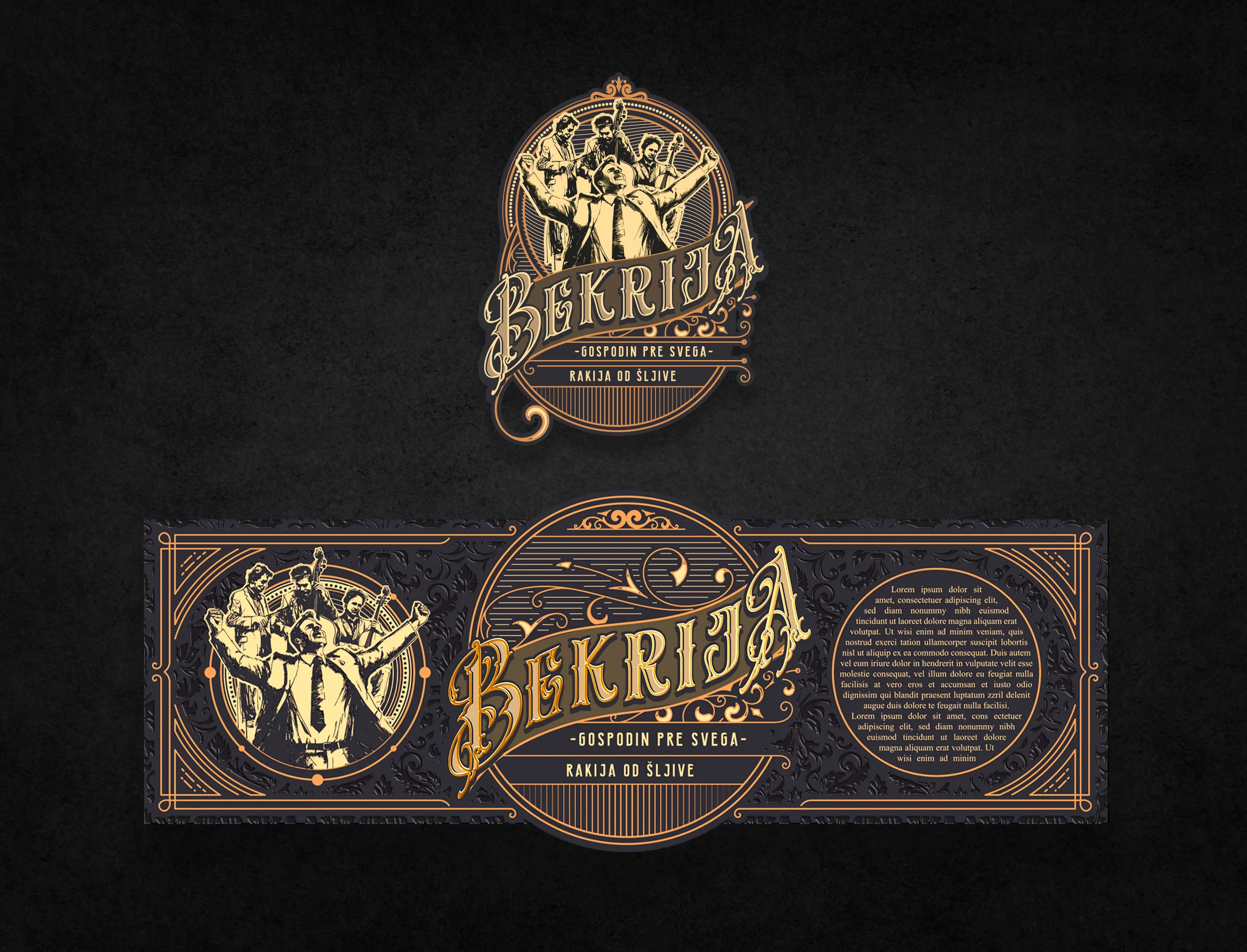 Bekrija label artwork - crest and full wrap label on black