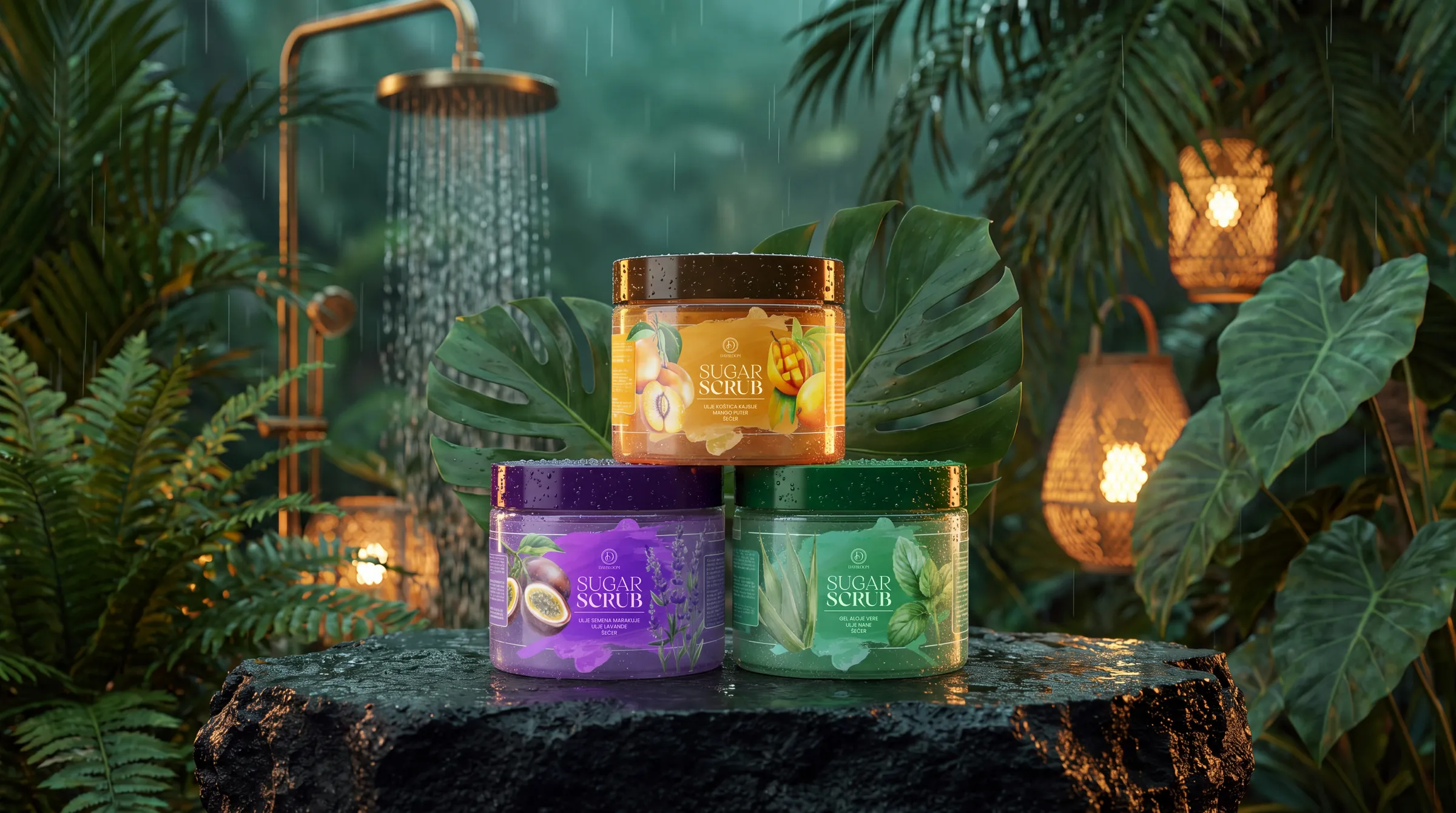 Daybloom sugar scrub - apricot and mango, passion fruit and lavender, aloe and mint jars on a wet stone in a rainy tropical garden