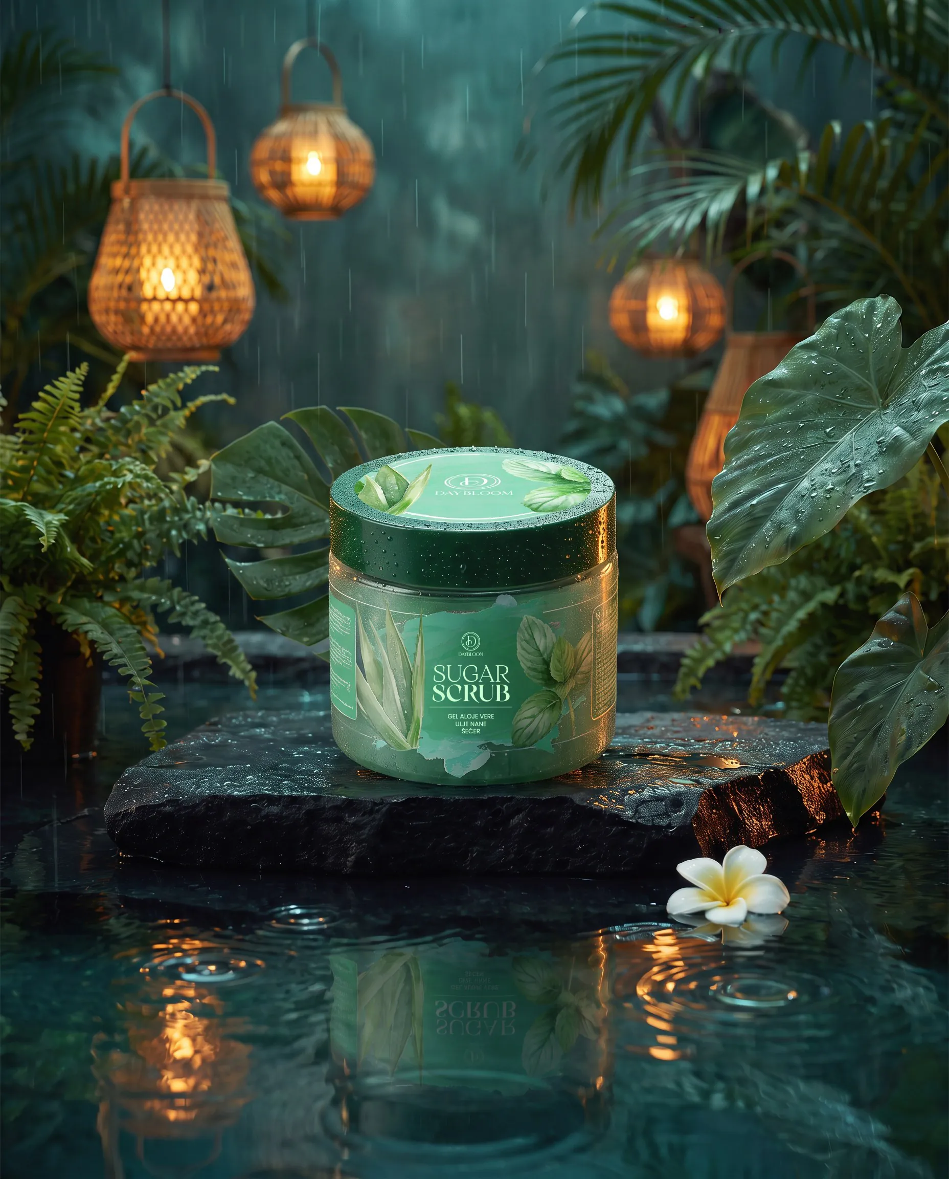 Daybloom sugar scrub - aloe and mint variant jar on a wet stone in the rain, among tropical leaves