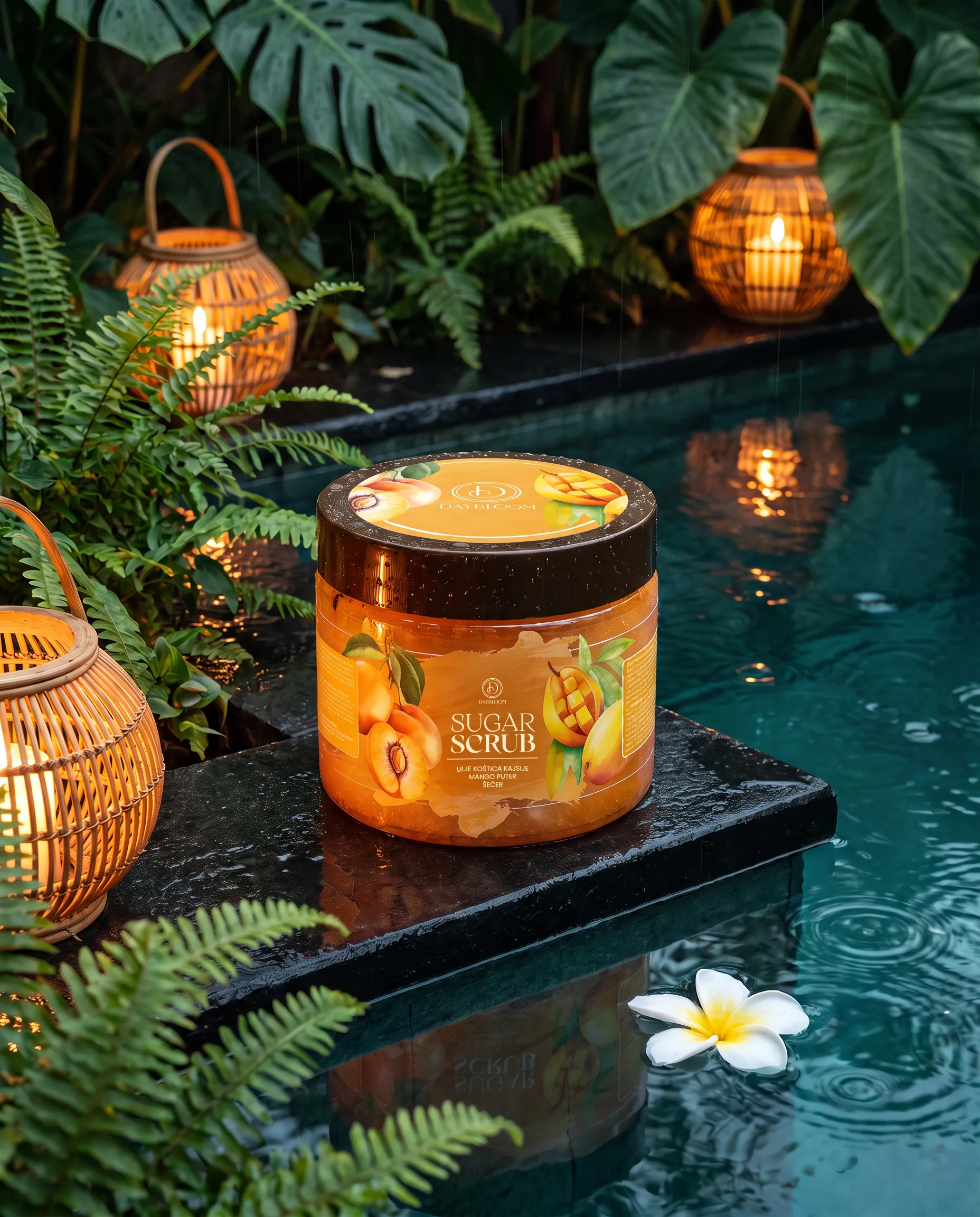 Daybloom sugar scrub - apricot and mango variant jar on a stone by the pool, lanterns and frangipani