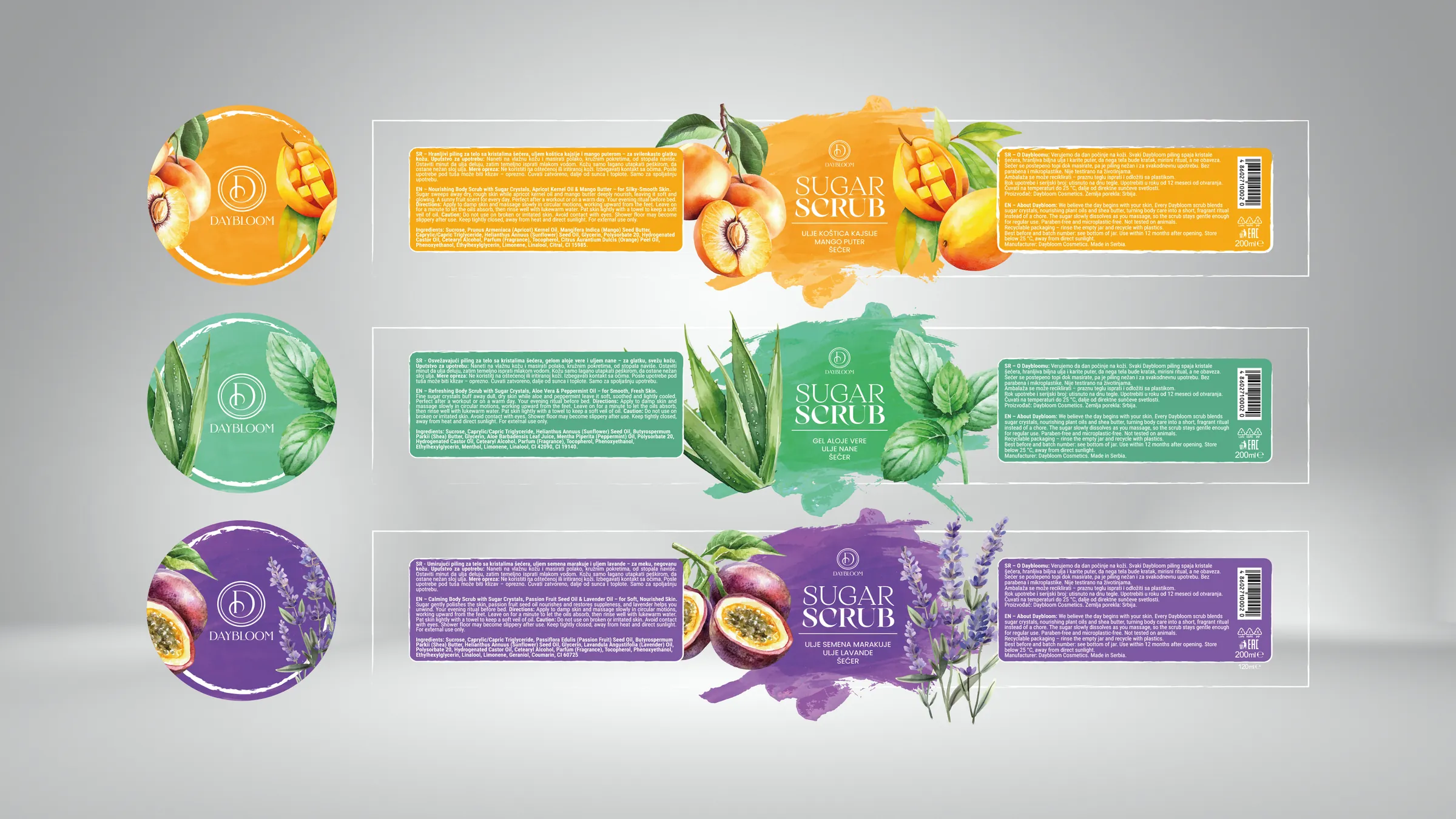 Daybloom sugar scrub - flat label artwork for all three variants and round lid stickers