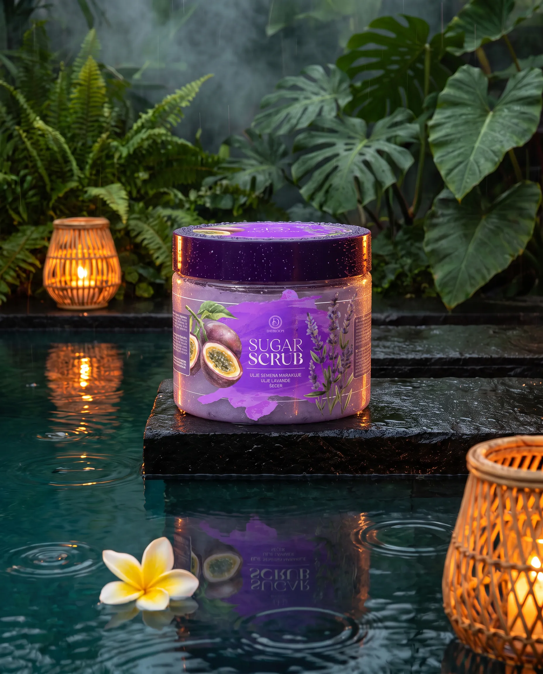 Daybloom sugar scrub - passion fruit and lavender variant jar on a stone above the water, lanterns and frangipani