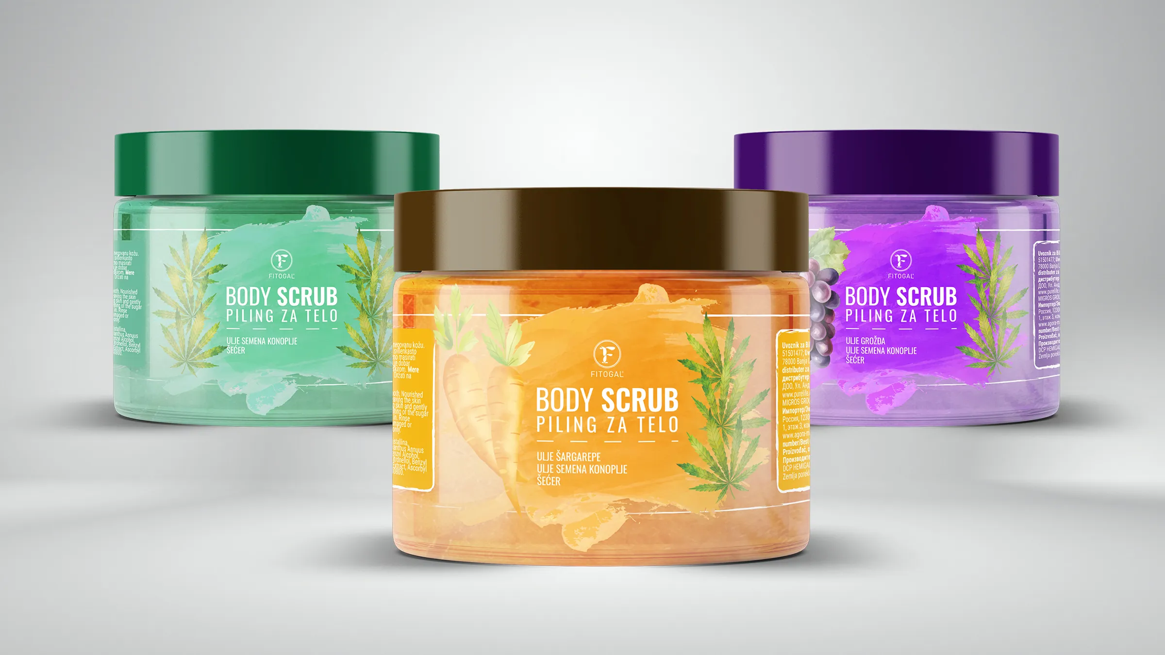 Fitogal body scrub labels - carrot, grape and hemp seed variants