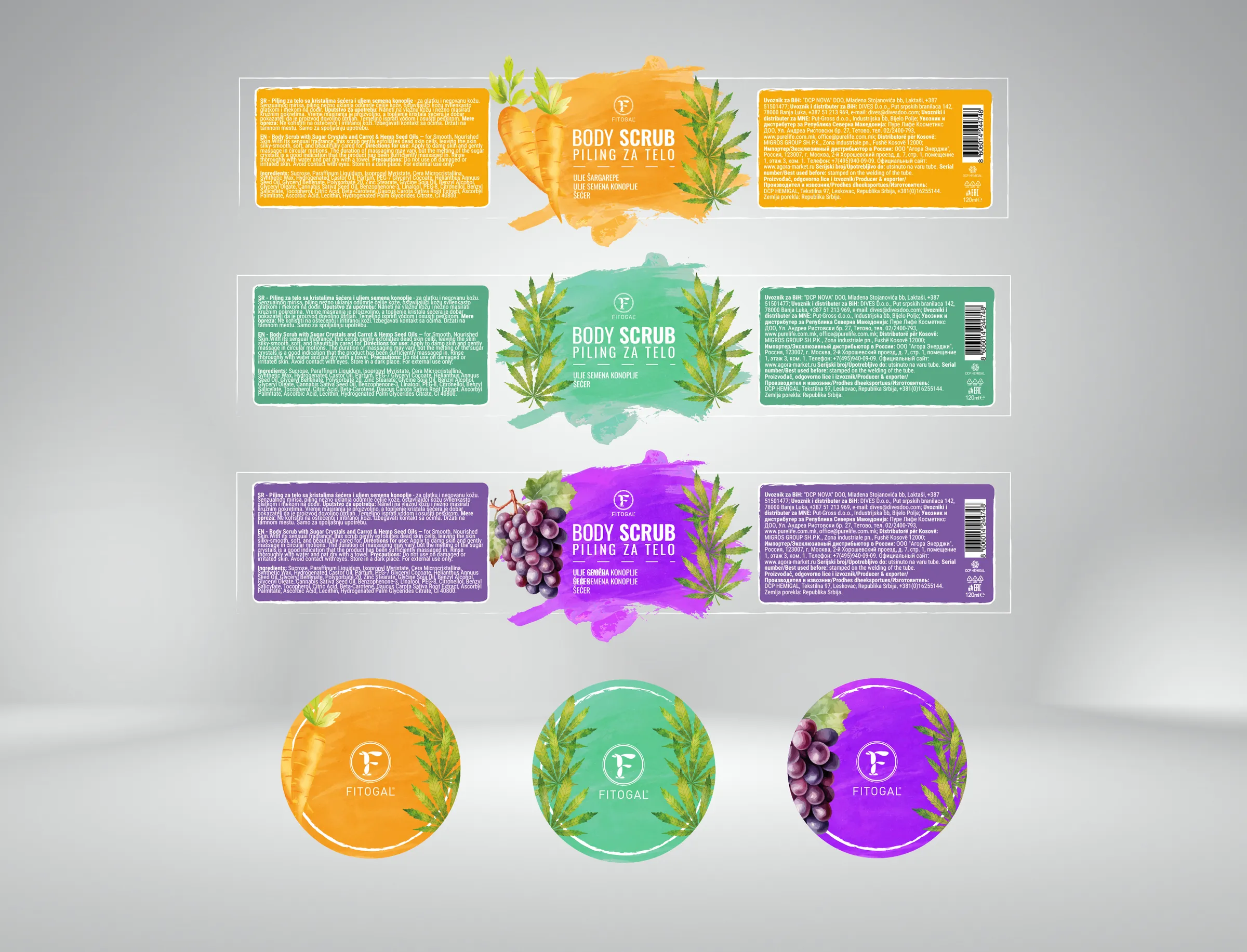 Fitogal body scrub - flat label artwork for all three variants and lid stickers