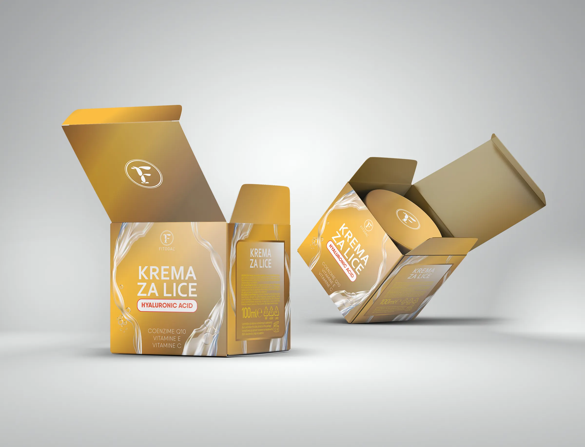 Fitogal face cream - gold folding boxes, open and stacked