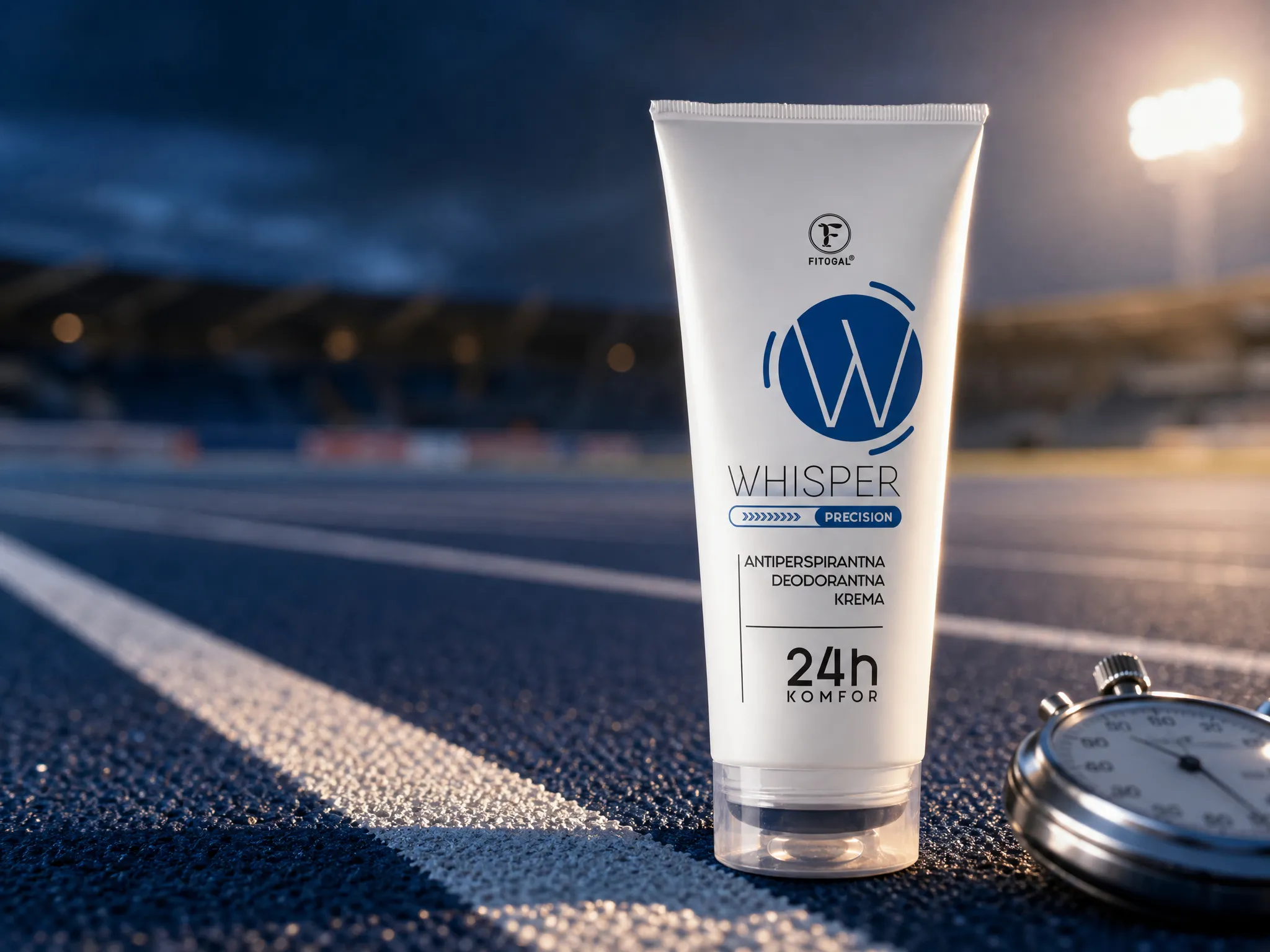Fitogal Whisper antiperspirant tube on a running track at night