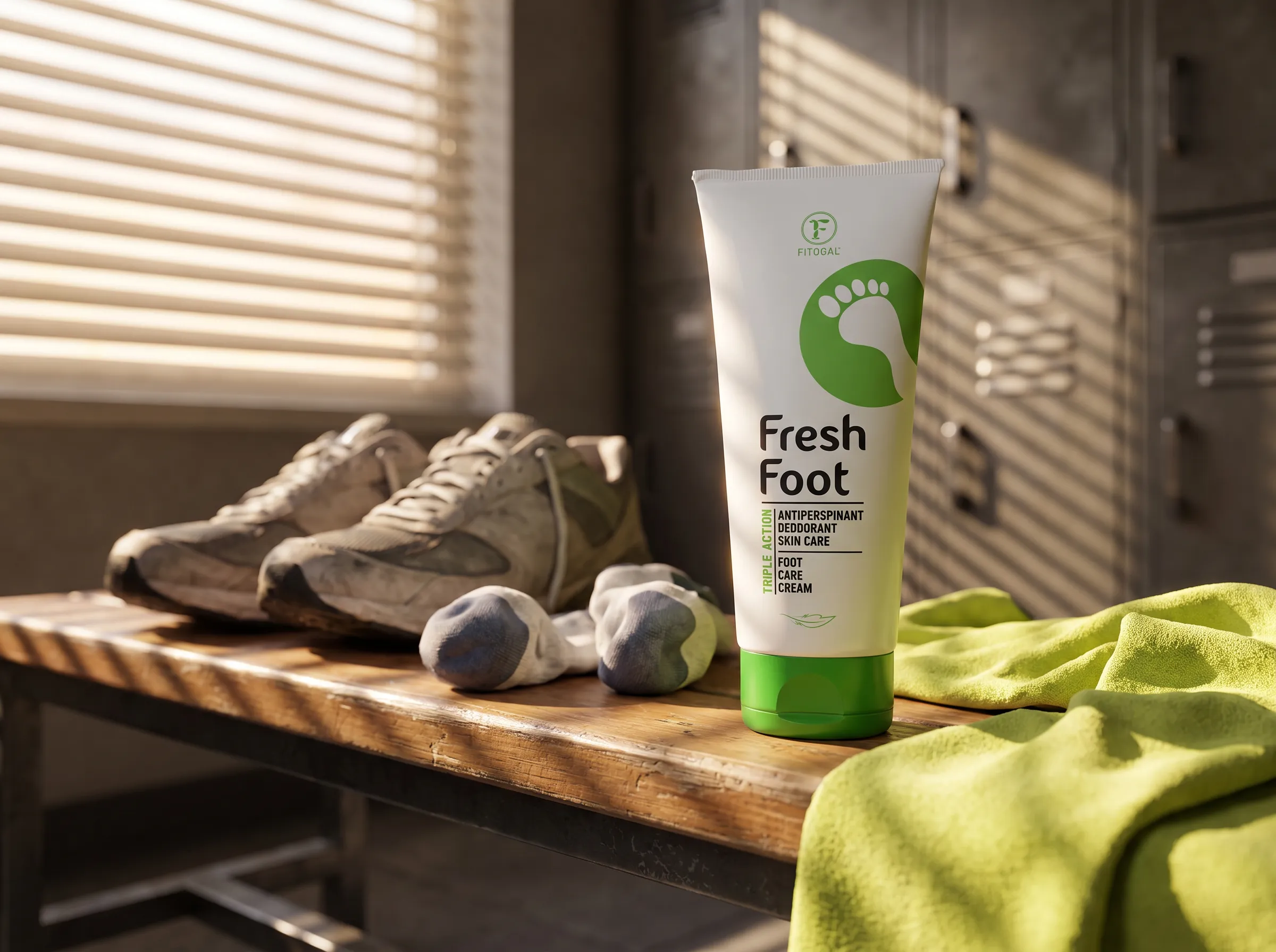 Fitogal Fresh Foot tube on a locker room bench with sports shoes