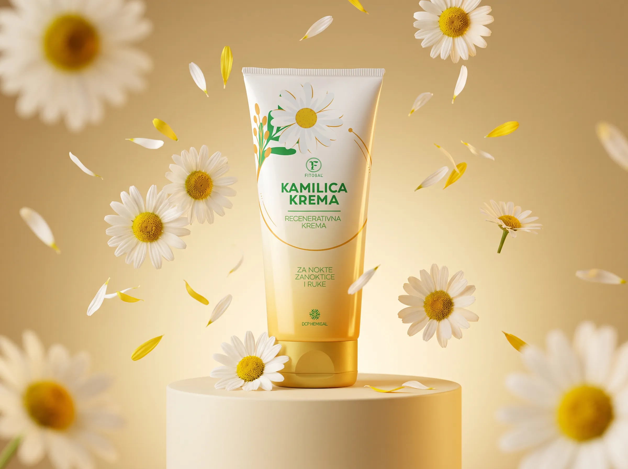 Fitogal chamomile cream tube surrounded by daisies