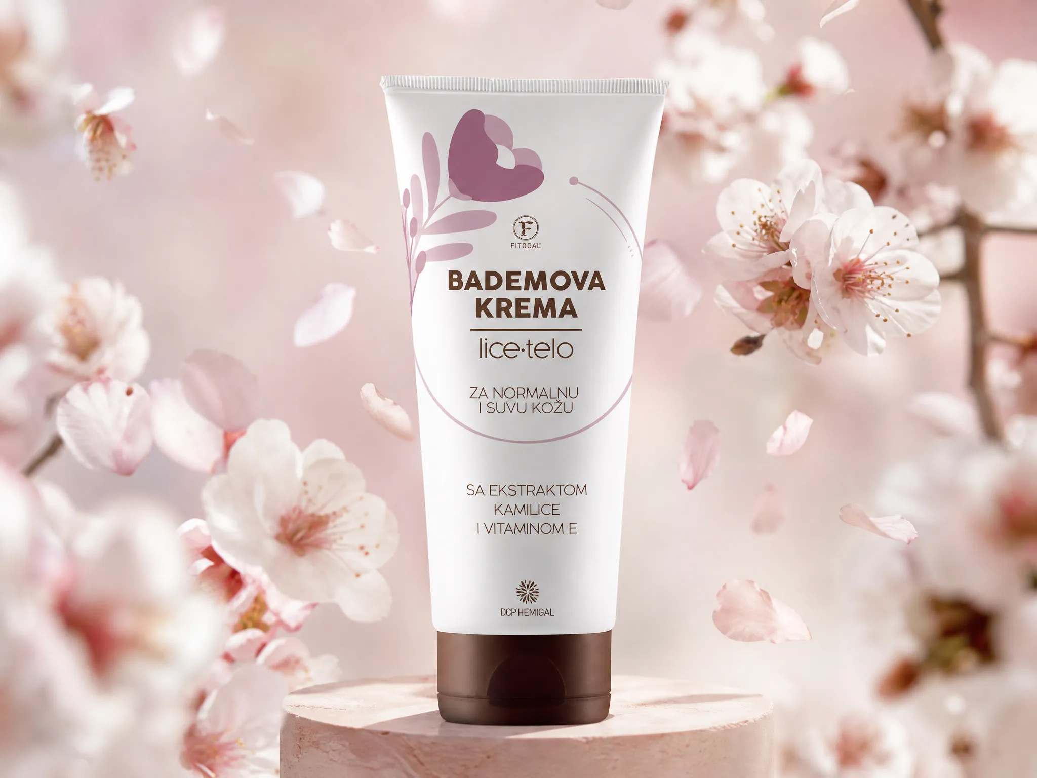 Fitogal almond cream tube among cherry blossom