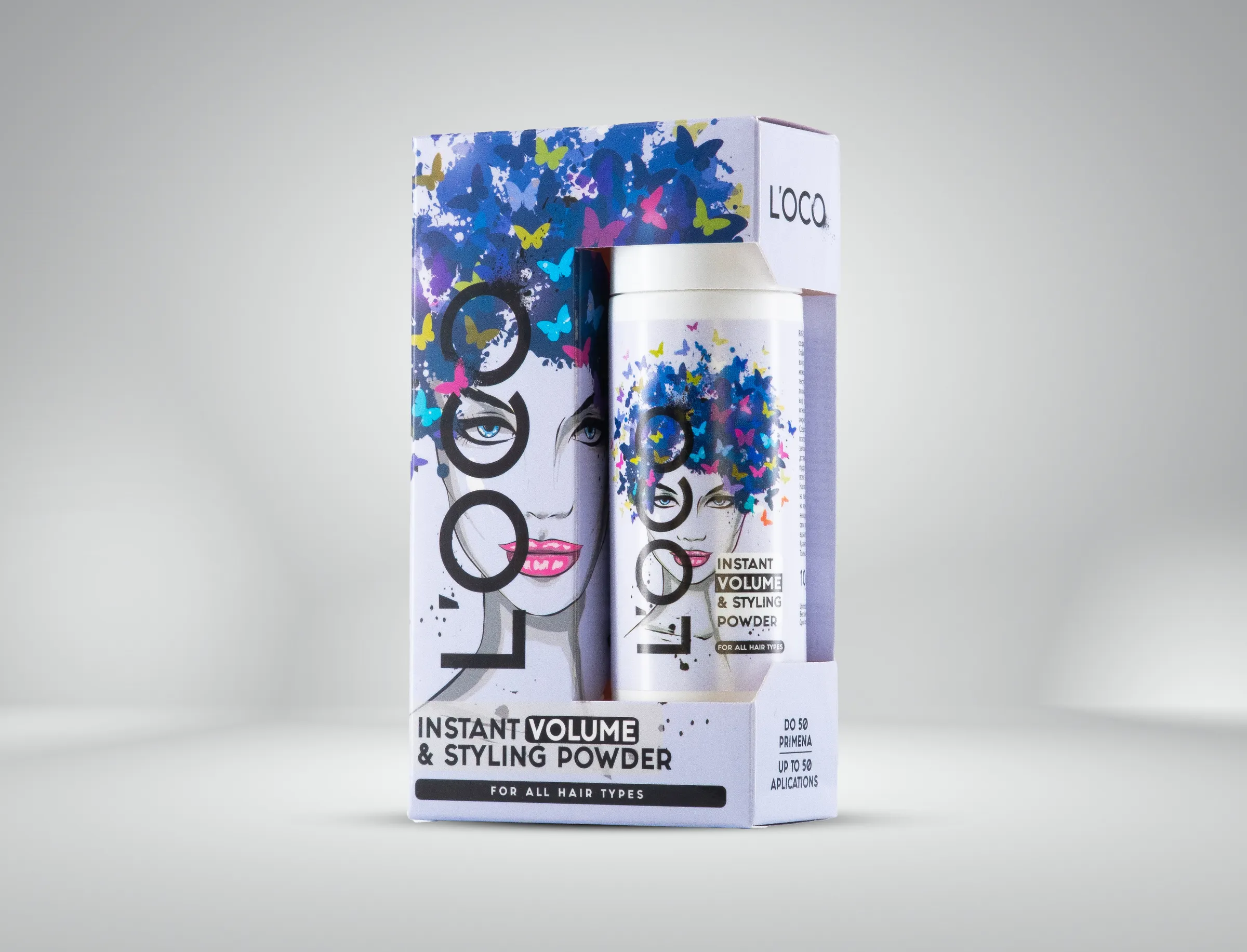 L’OCO Instant Volume & Styling Powder - box and tube pack shot