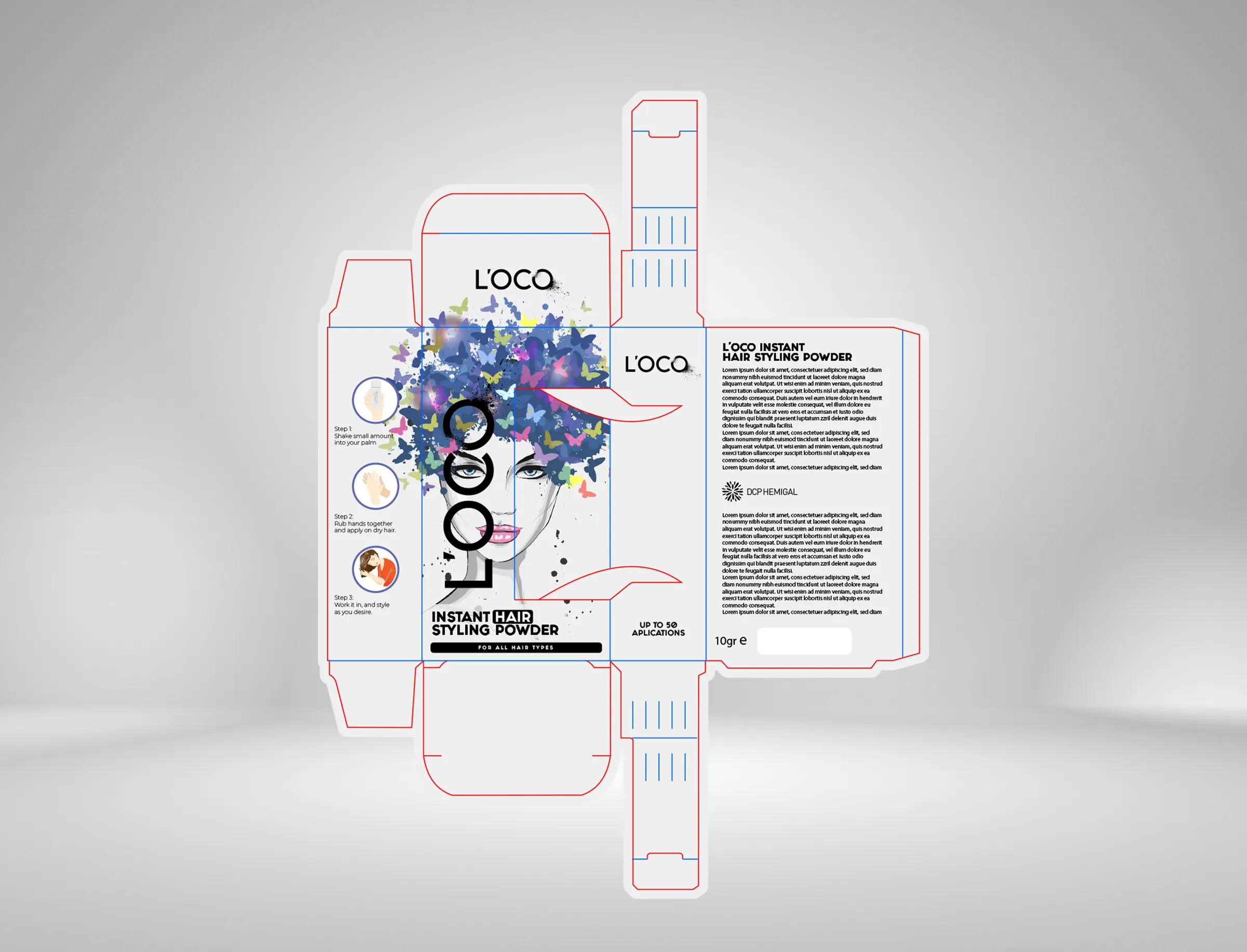 L'OCO styling powder - folding box dieline with cutting lines