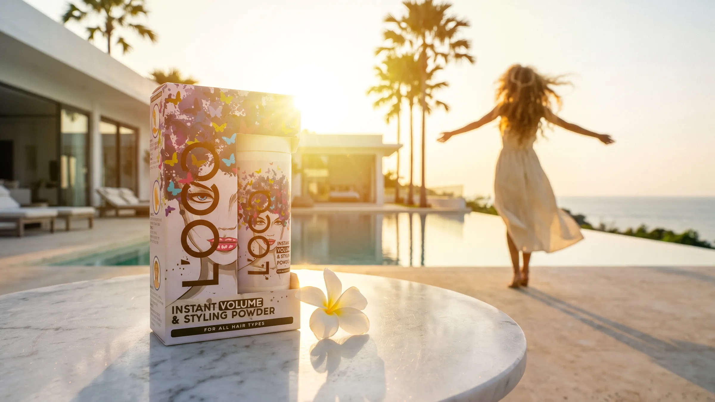 L’OCO Instant Volume & Styling Powder - box and tube on a marble table by a seaside pool at sunset
