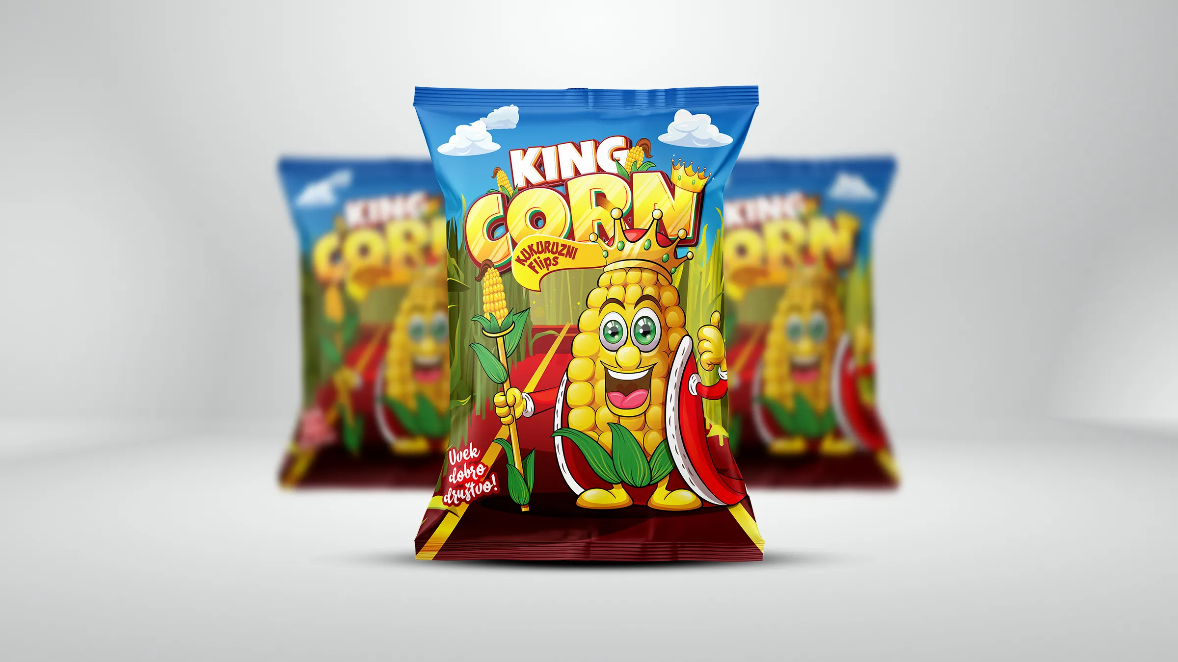 OkiBoki King Corn snack packaging - illustrated corn king character