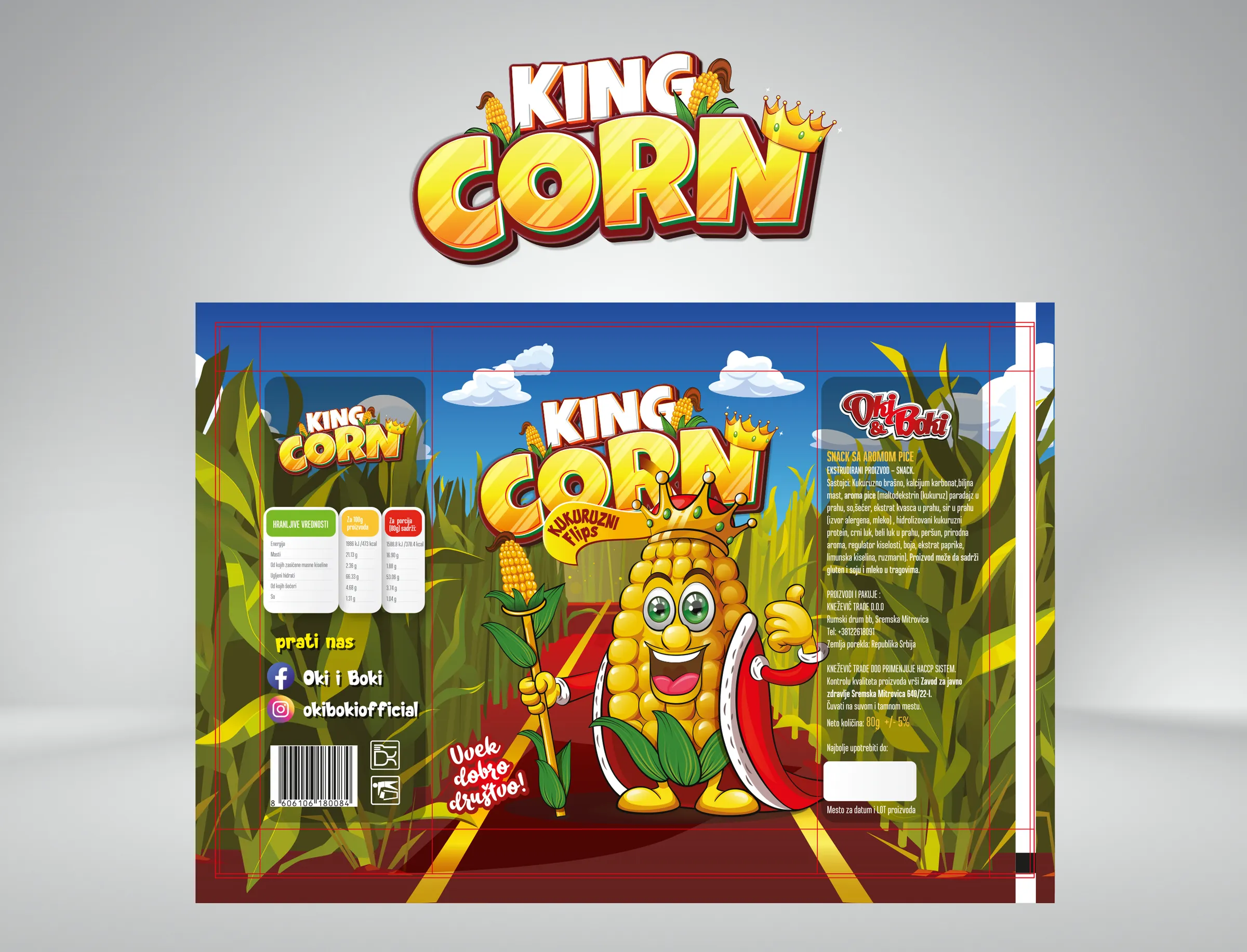 OkiBoki King Corn - flat pack artwork with safe-area guides, nutrition table, ingredient panel and barcode