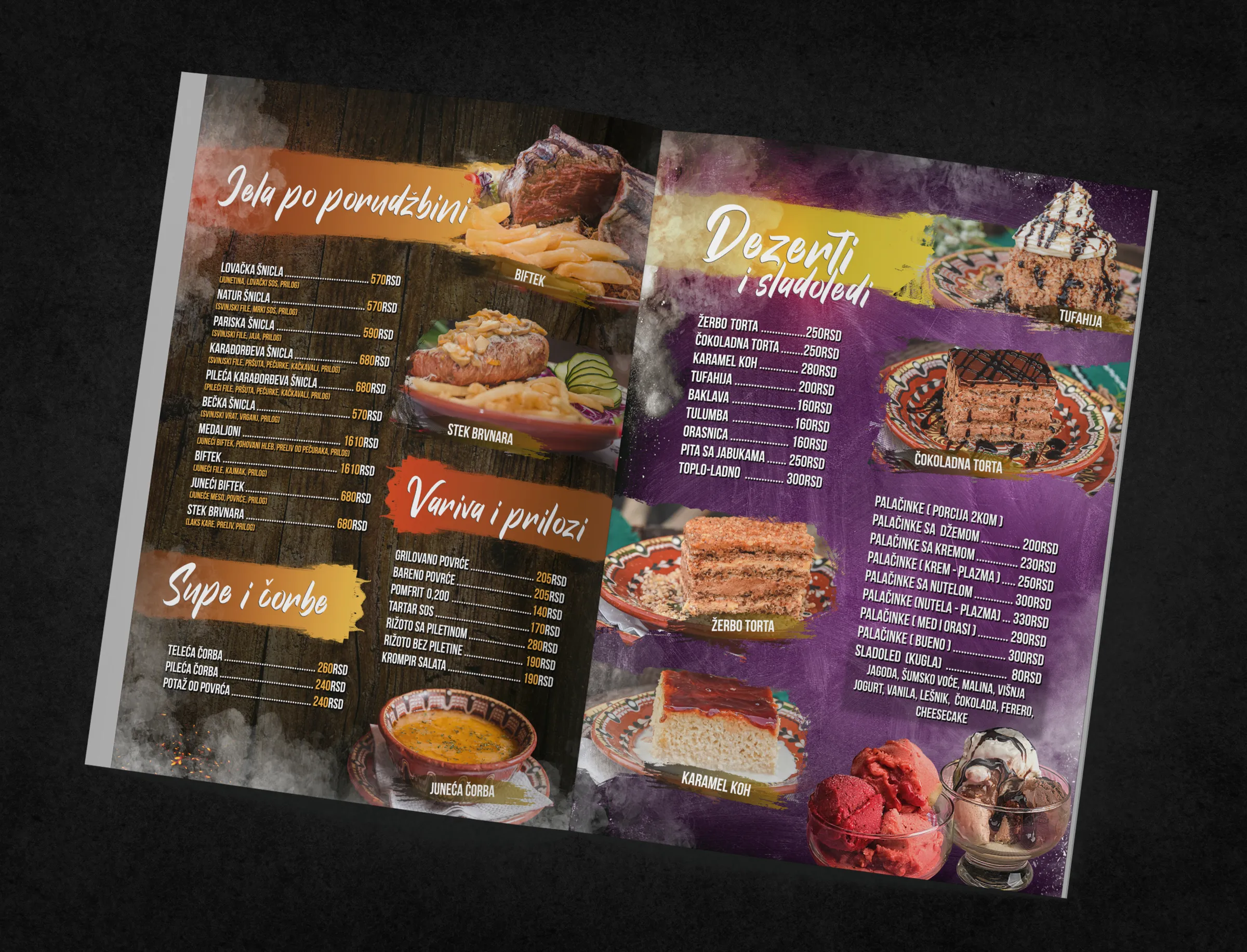 Etno Brvnara Gros menu - main courses and desserts spread