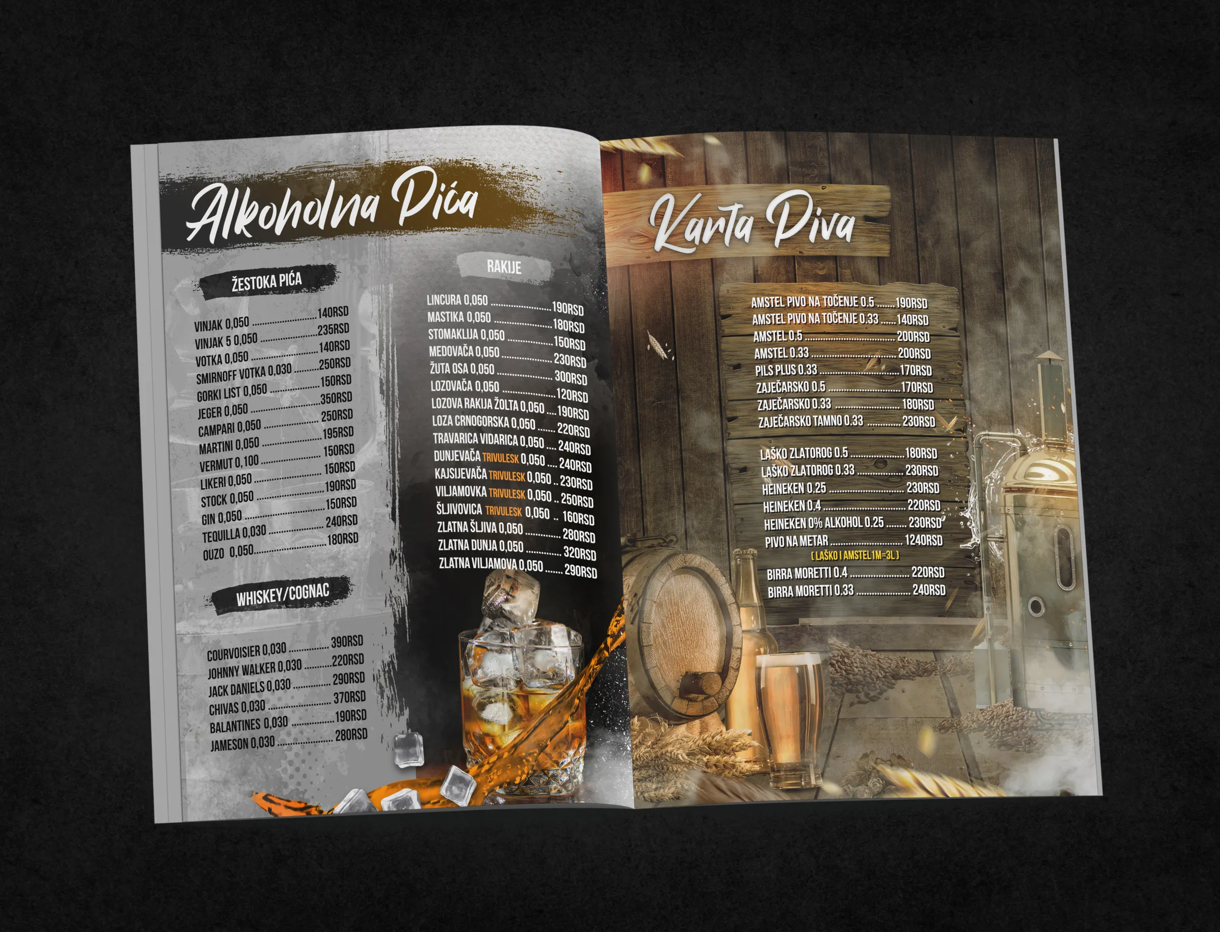 Etno Brvnara Gros menu - spirits and beer list spread
