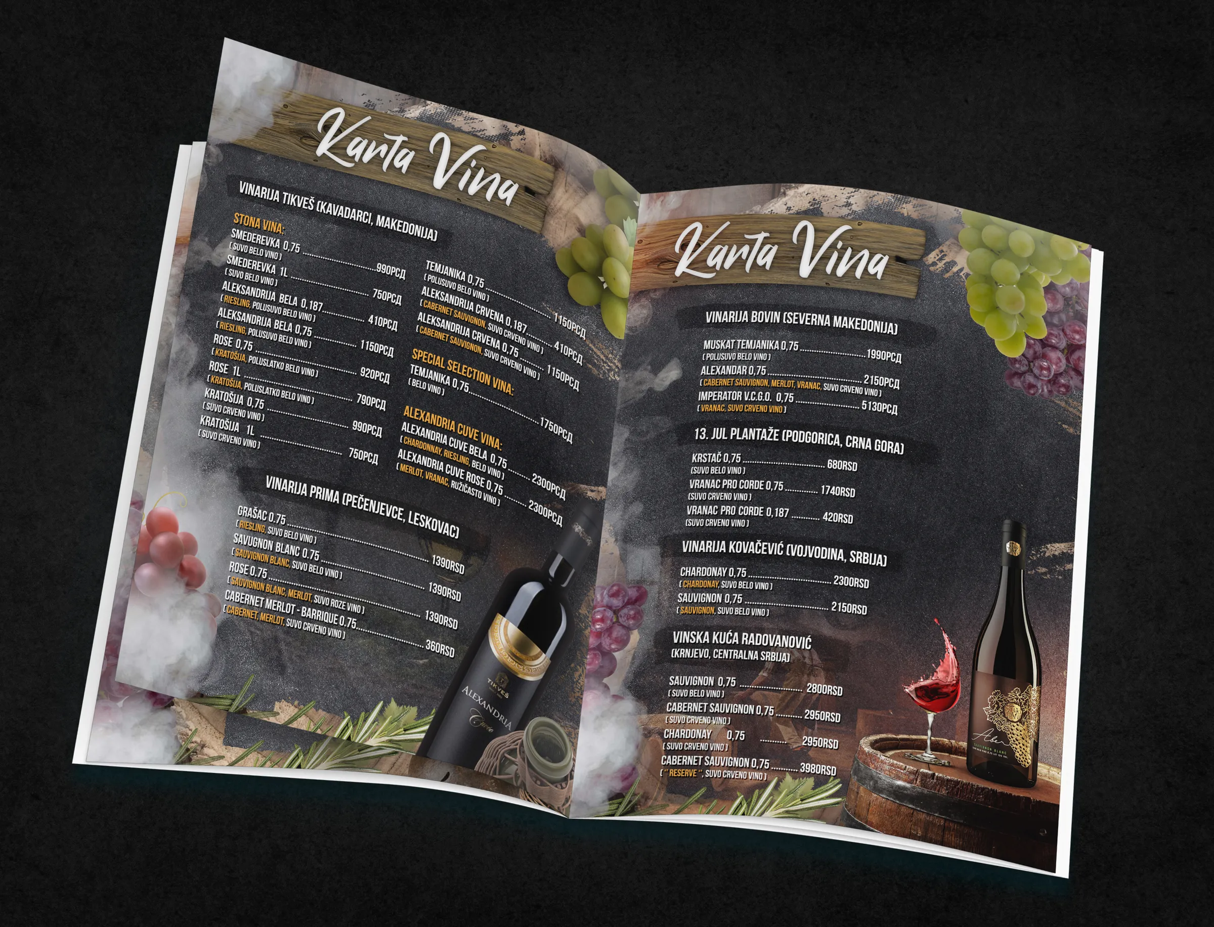 Etno Brvnara Gros menu - wine list spread