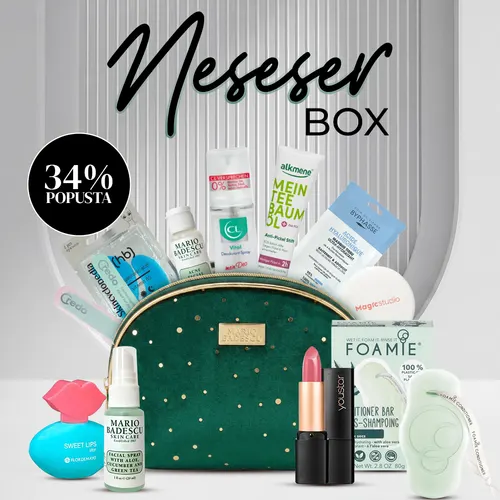 Beauty pouch box ad - a green velvet bag of skincare and makeup, 34% off