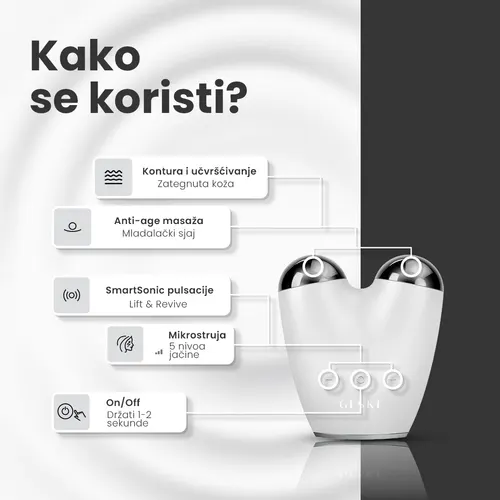 GESKE face-lifting device how-to-use ad with button callouts