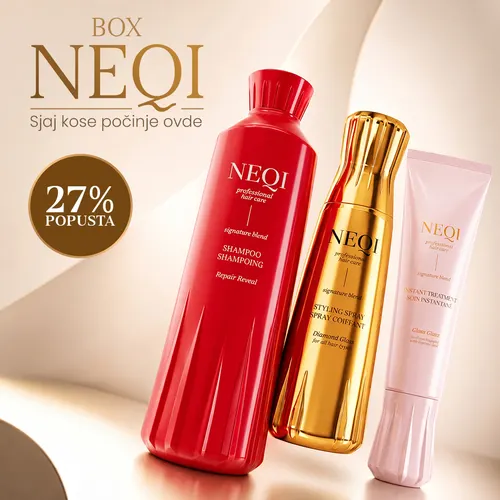 NEQI hair care box ad - shine starts here, 27% off