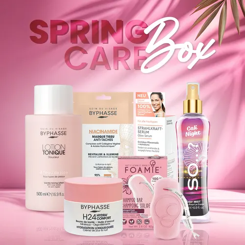 Spring Care Box ad - Byphasse and Foamie skincare in a pink spring set