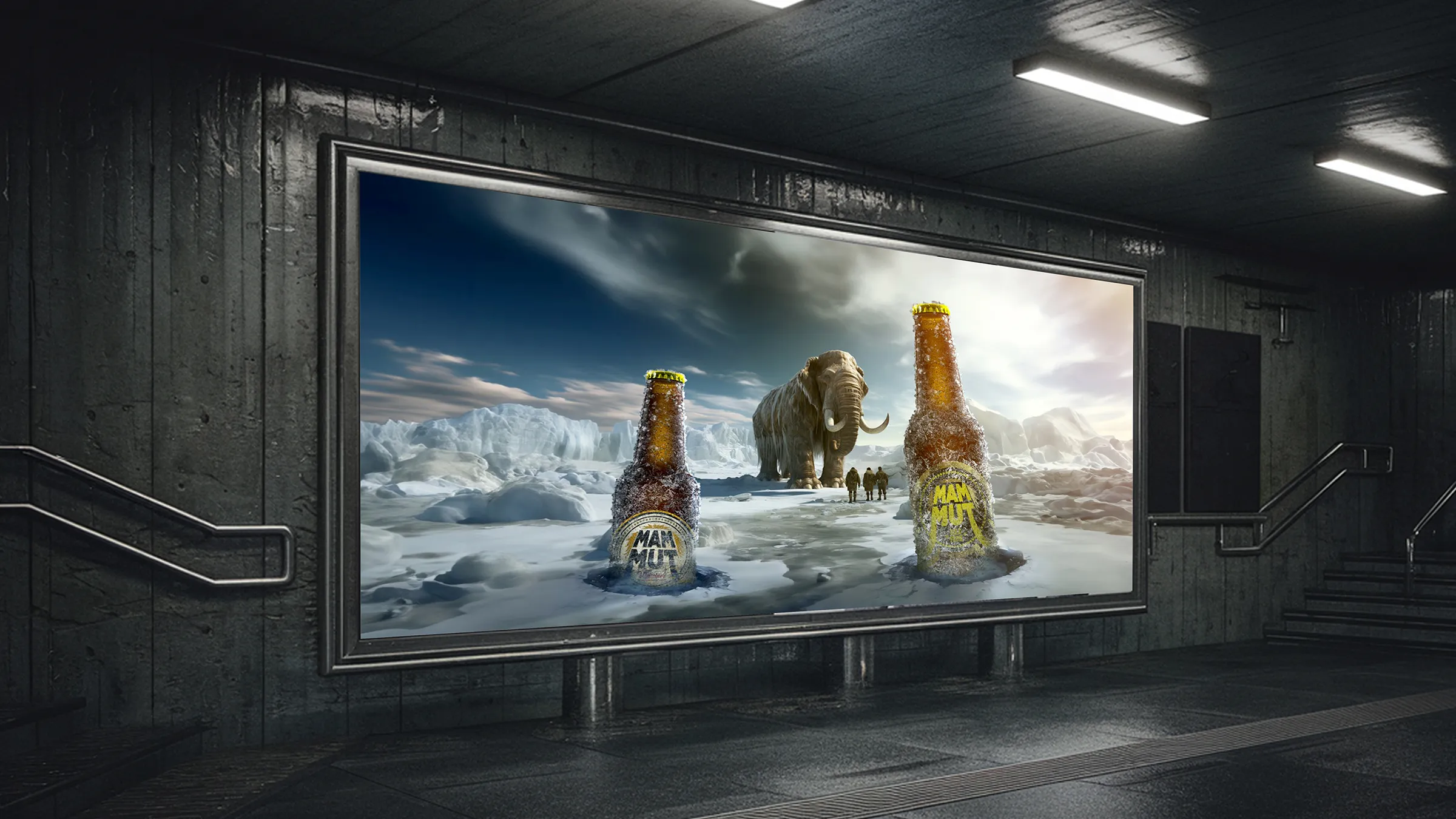 Mammut Craft Beer billboard - ice-encrusted bottles in an Arctic landscape