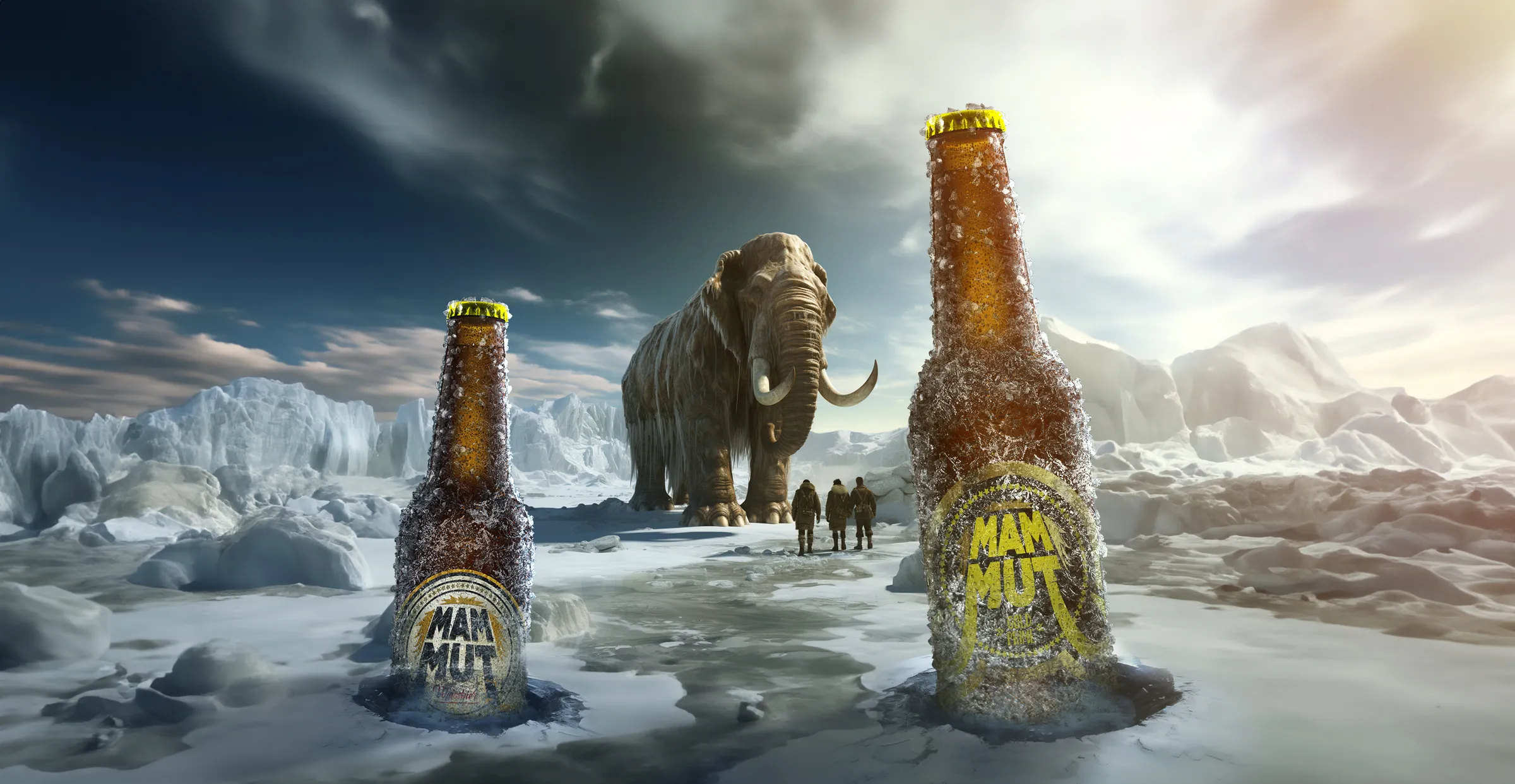 Mammut Craft Beer billboard - mammoth herd in an Arctic landscape with two bottles