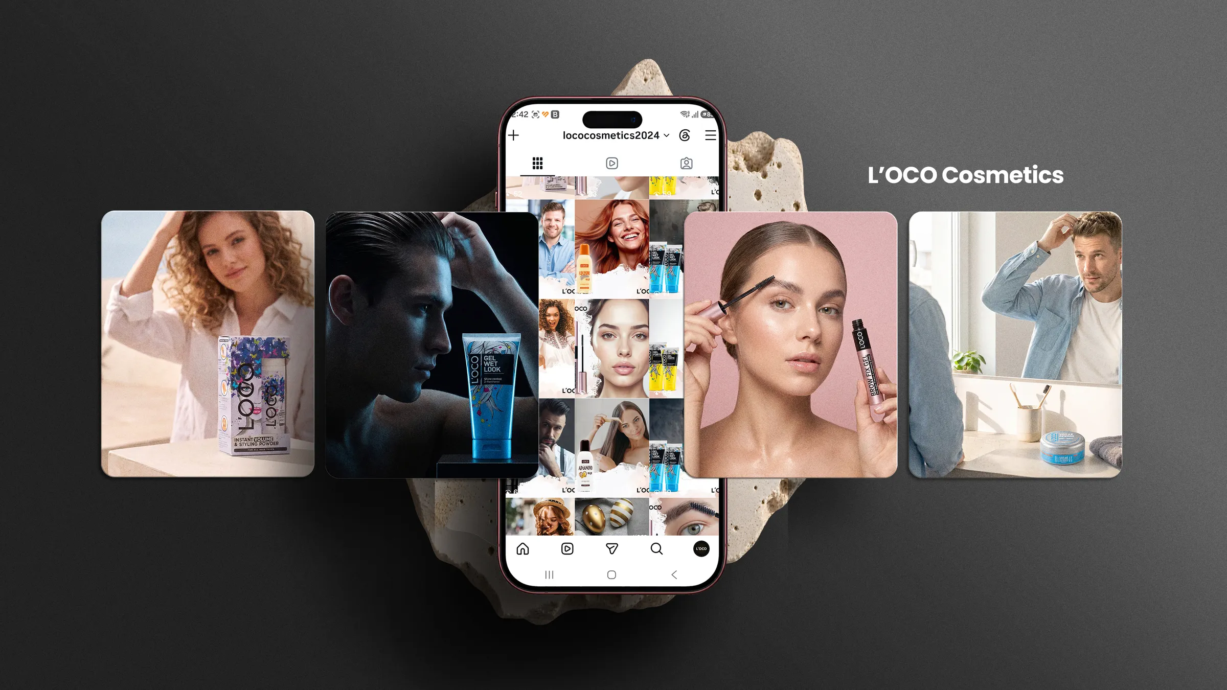 L'OCO Cosmetics Instagram feed and post designs around a phone mockup