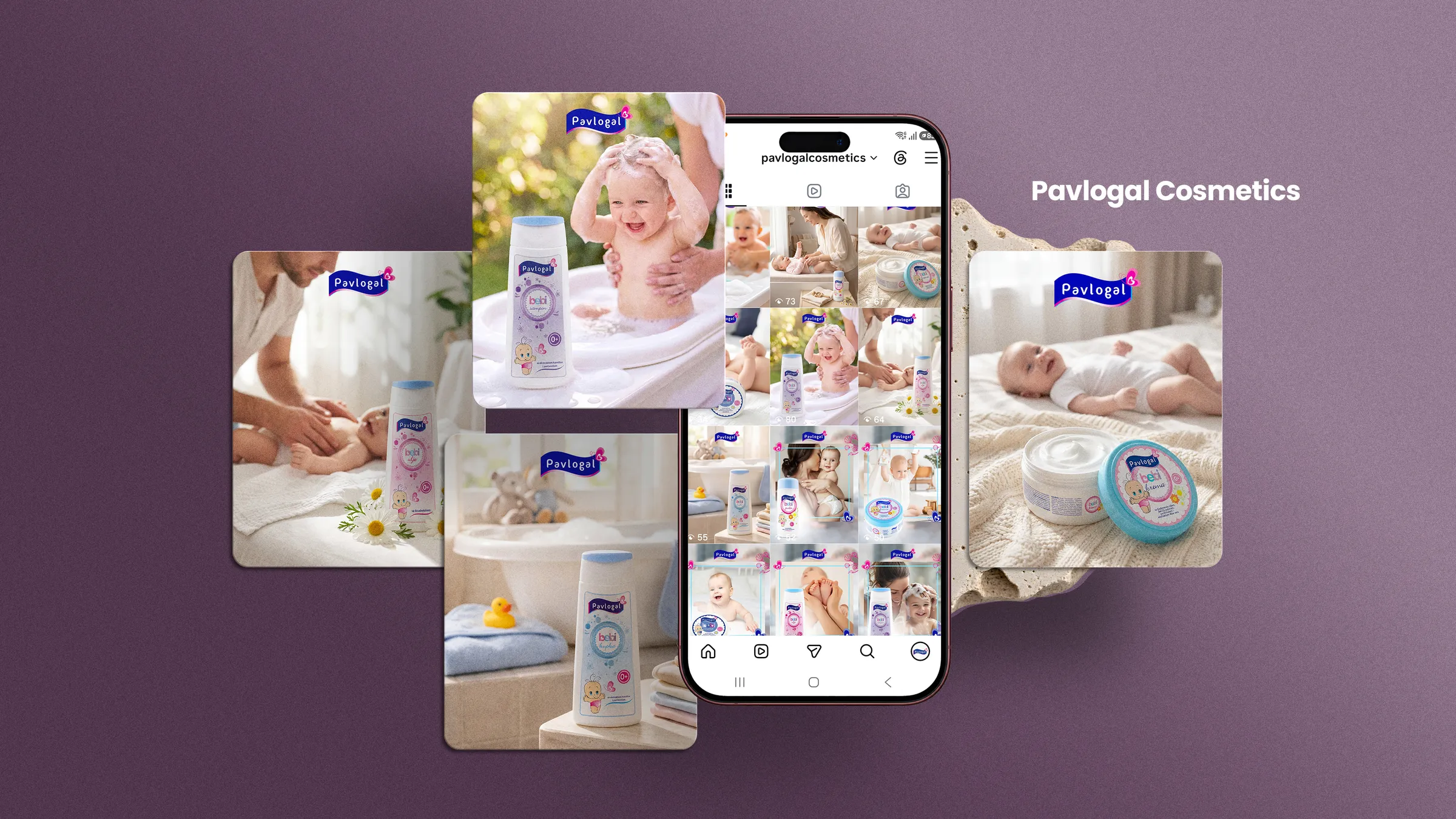 Pavlogal Cosmetics baby-care Instagram feed and post designs around a phone mockup