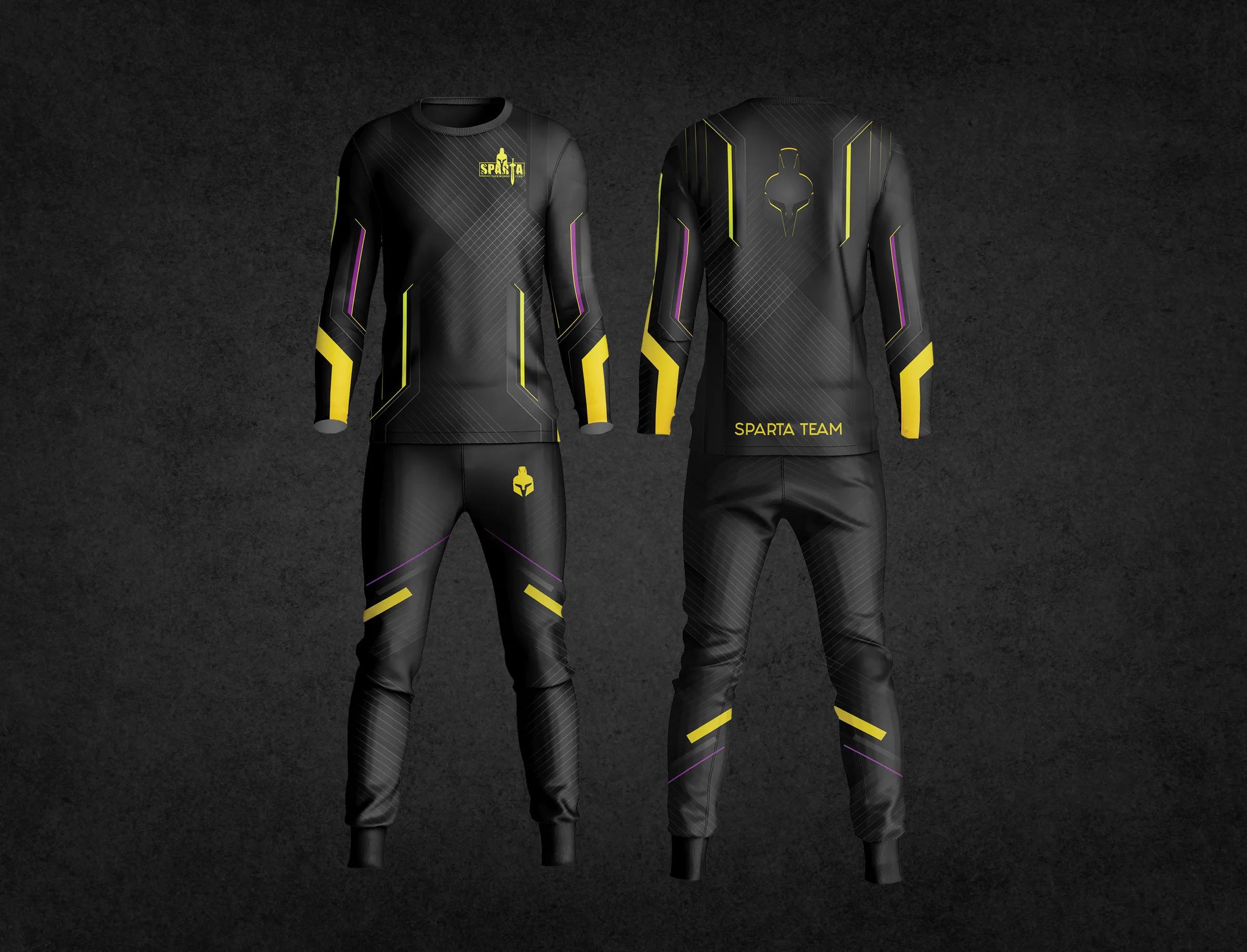 Sparta Team black tracksuit with yellow and purple accents, front and back
