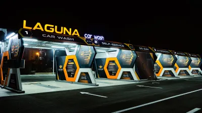 Laguna Car Wash brand identity and signage at night