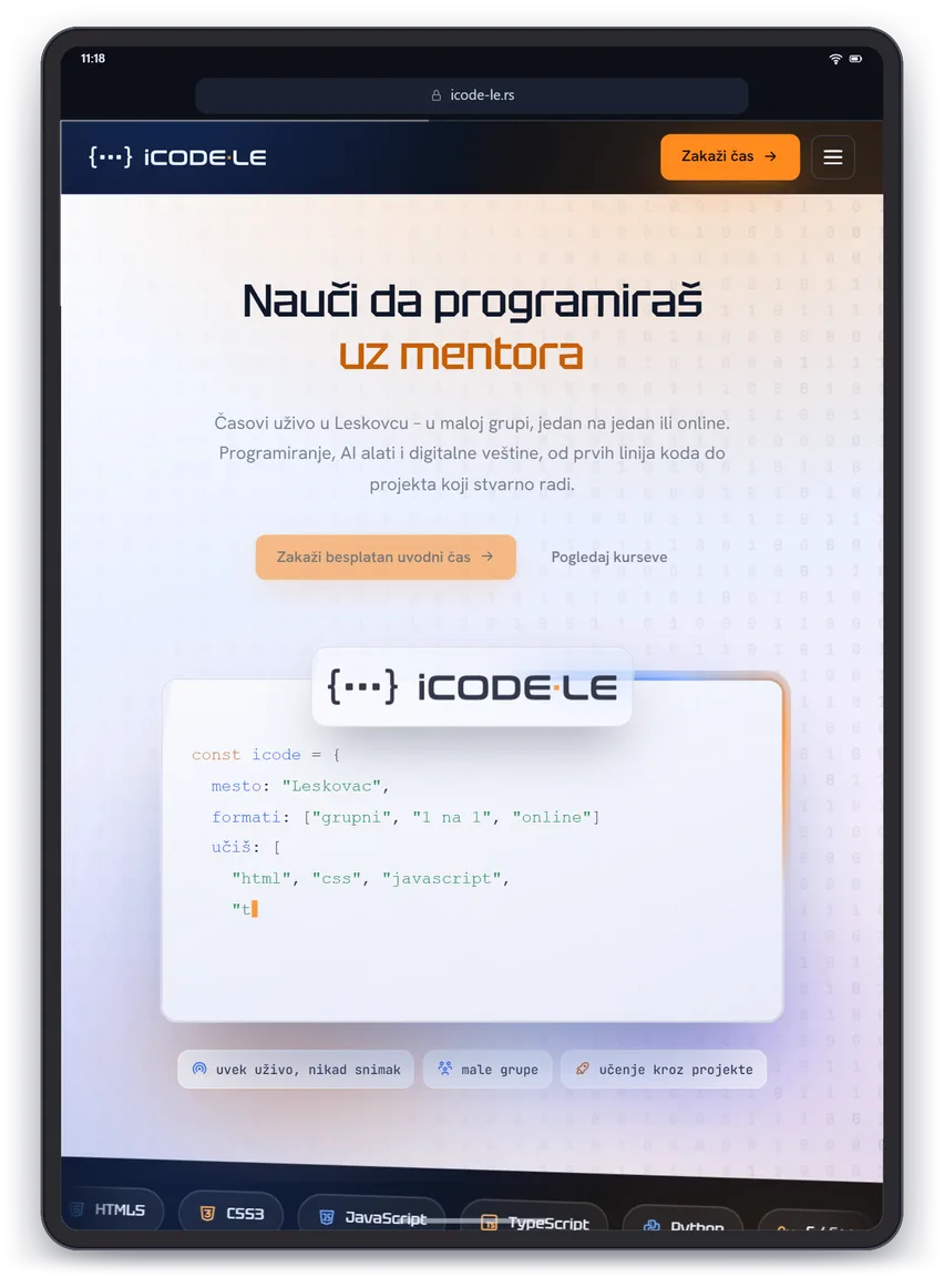 iCode-Le redesign - walkthrough of the site on a tablet