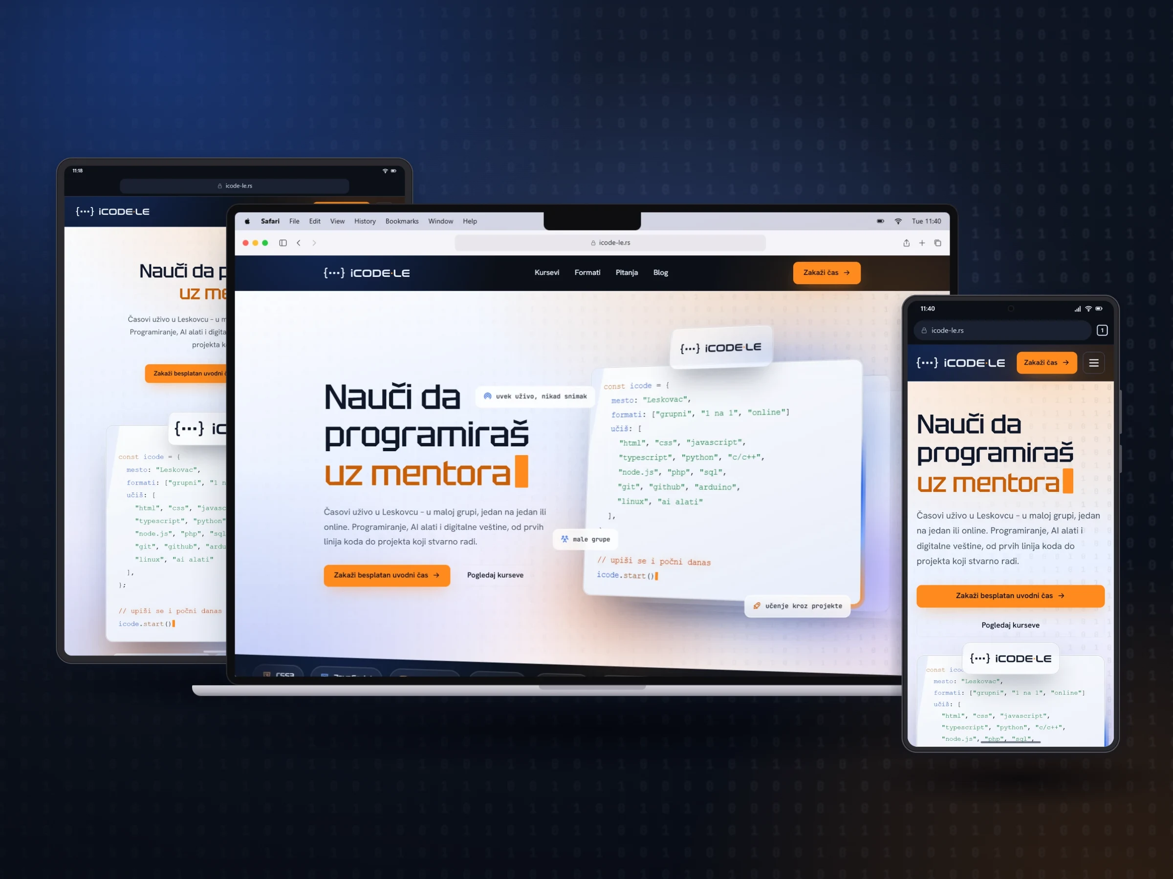 iCode-Le website redesign - the new homepage on a laptop, tablet and phone