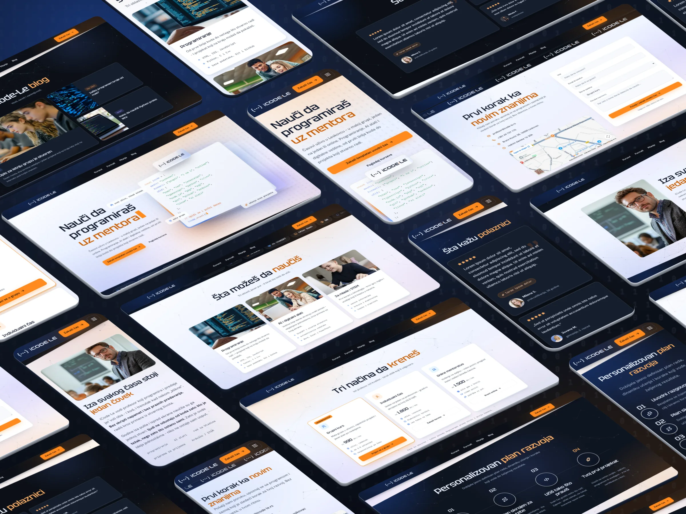 iCode-Le redesign - desktop and mobile screens of every section of the new site